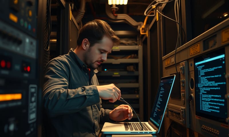 工程師在複雜的機房環境中進行系統整合