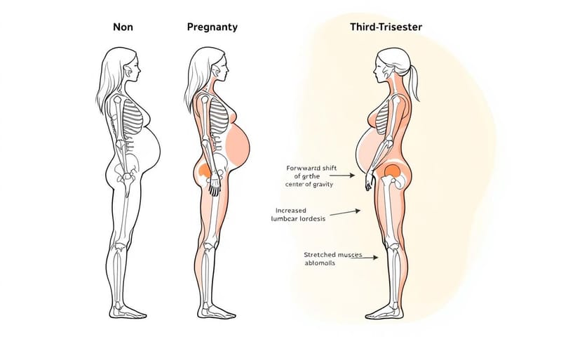 懷孕期間身體重心與姿勢的改變示意