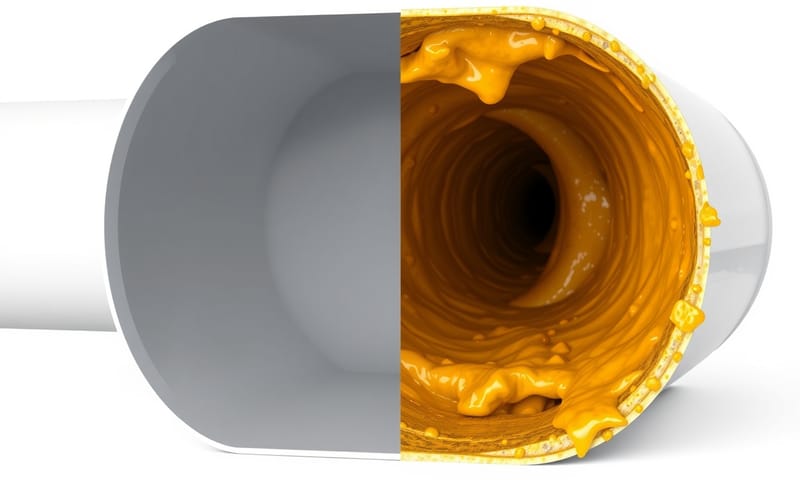 水管內壁的對比：乾淨 v.s. 油垢堵塞。