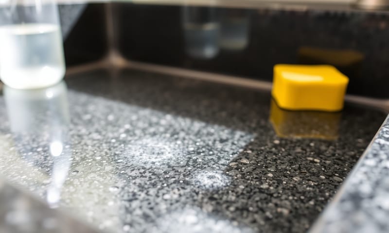 近看花崗岩水槽上的白色水垢