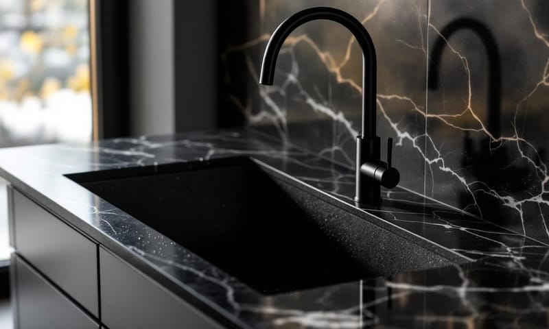 一個有生活感的深色花崗岩水槽