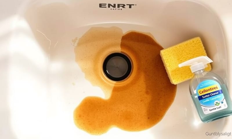 淺色石英水槽上殘留的咖啡漬，旁邊放著海綿準備清潔。