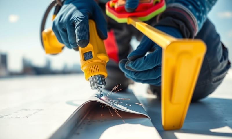 師傅正在用熱風槍焊接PVC防水布的接縫