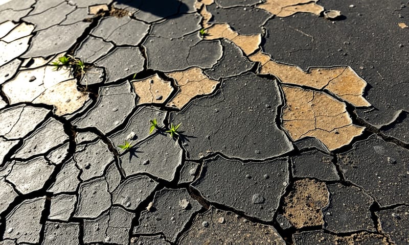 因長期日曬雨淋而劣化、龜裂的瀝青防水層