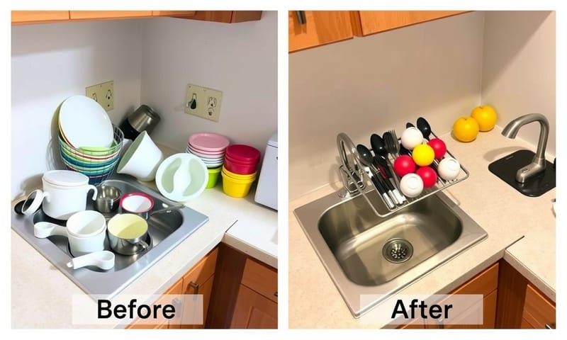 使用水槽架前後的流理台空間對比