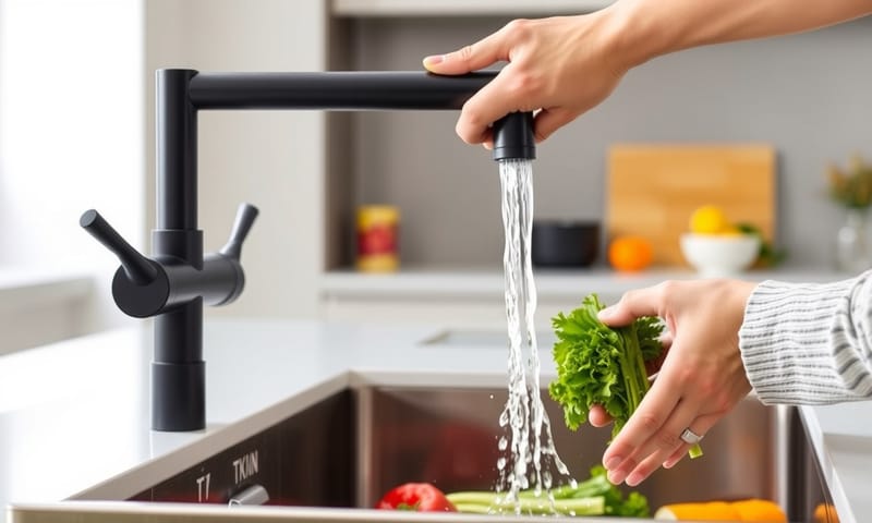 實際使用情境：霧黑色的抽拉水龍頭搭配感應功能