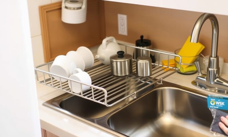 一個真實廚房場景，展示了捲簾式瀝水架的日常使用狀態