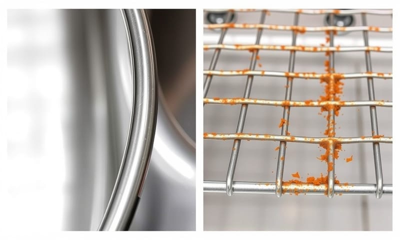 比較品質好的304不鏽鋼（光亮）與已出現鏽斑的劣質不鏽鋼（暗沉）