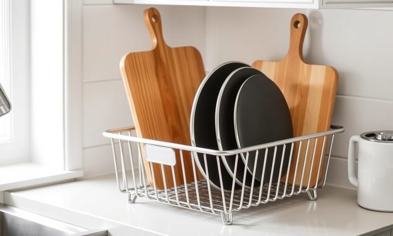 將滴水籃作為鍋蓋與砧板的直立收納架