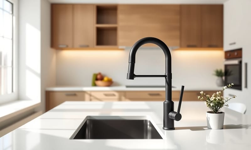 安裝在現代廚房中的霧黑色PVD鍍層抽拉龍頭