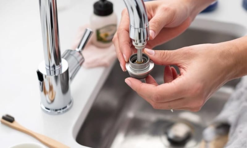 拆下水龍頭起泡器進行清潔的過程示意