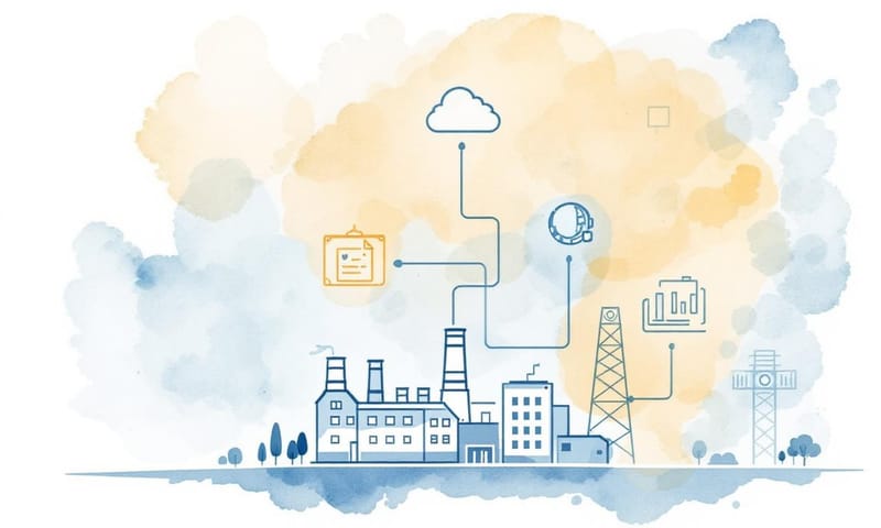 製造業數位轉型申請流程示意圖，從自我評估到取得補助的關鍵步驟。