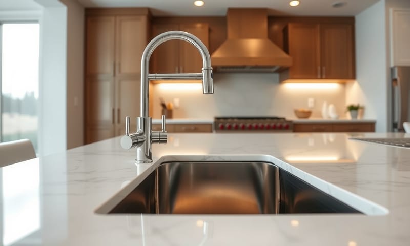 完工後閃閃發亮的樣子，一切辛苦都值得了！   A wide-angle, cinematic shot of a beautifully finished kitchen featuring a new undermount stainless steel sink. The faucet is polished chrome, and a single, elegant soap dispenser is built into the quartz countertop. The sink is immaculately clean and reflects the soft under-cabinet lighting. The overall mood is serene, modern, and aspirational.