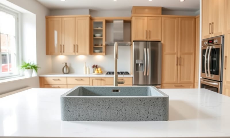 在現代化廚房中，花崗岩水槽成為視覺焦點