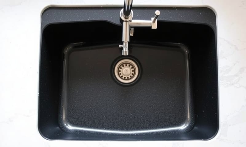 經過正確清潔與保養後，恢復深邃色澤的黑色花崗岩水槽。