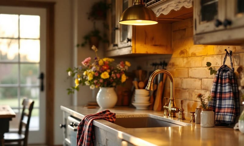 一個有著溫暖燈光的美式鄉村風廚房，花崗岩水槽是視覺中心。