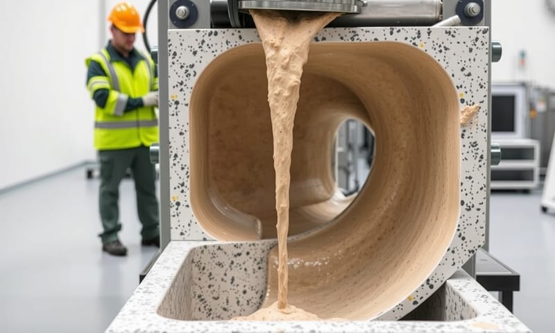 花崗岩水槽的製造過程：將複合材料注入模具中。