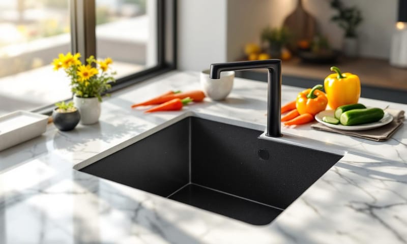 一個裝有黑色花崗岩水槽的現代明亮廚房