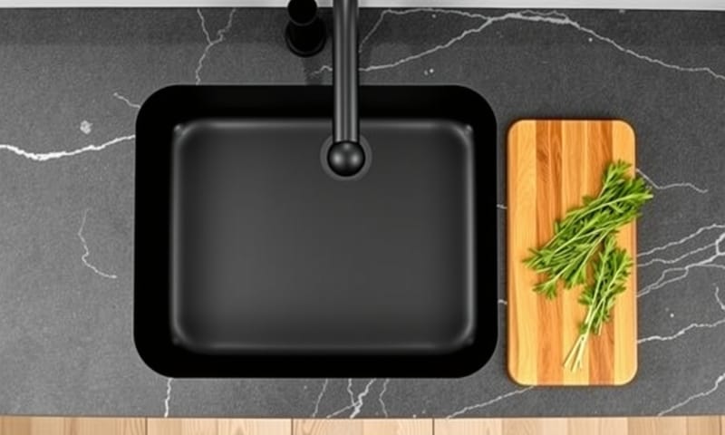 霧黑色水槽與深灰色石材檯面形成的完美搭配