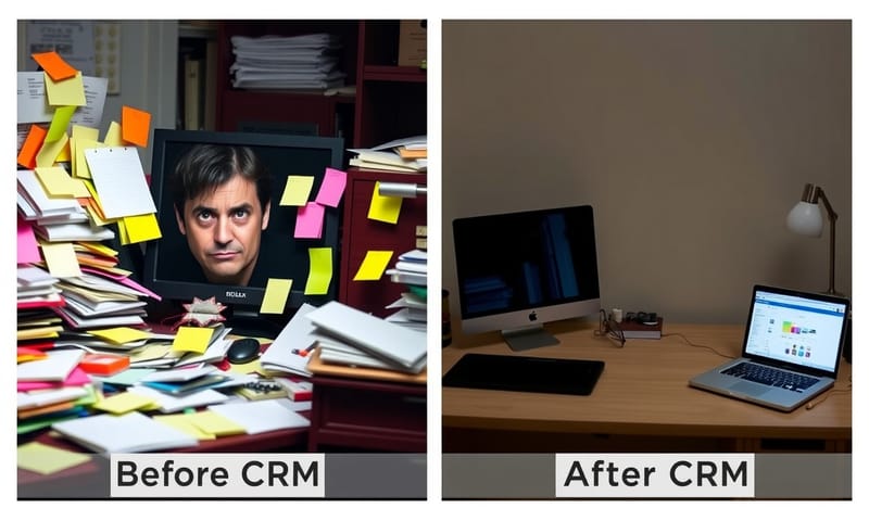導入 CRM 前後的辦公桌對比