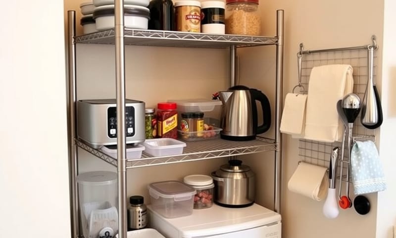 一個真實的租屋族廚房角落，利用金屬層架和收納盒創造空間。