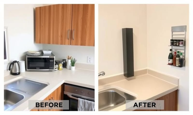 改造前後對比，顯示垂直收納如何釋放寶貴的檯面空間。