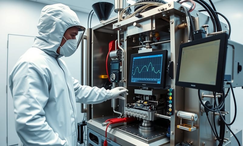 技術人員在無塵室中操作光纖對位機台