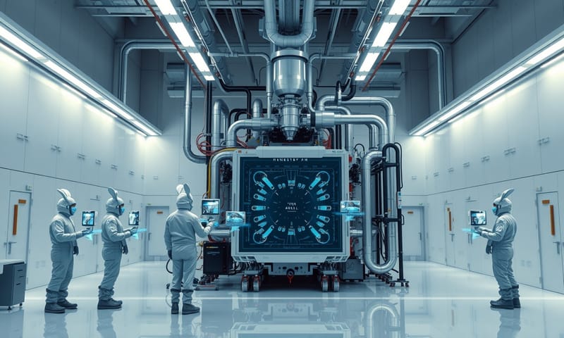 實作環境：半導體無塵室內部，一台複雜的EUV極紫外光微影曝光機正在運作。