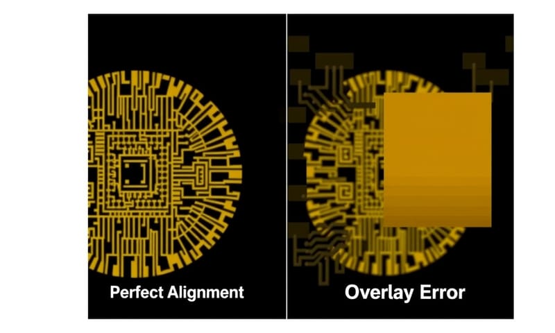 結果對照：左邊是完美對位的晶片電路，線條清晰；右邊是出現疊對誤差的結果，線路錯位模糊。