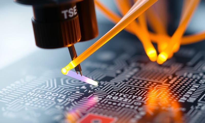 晶圓級光學測試中，光纖陣列對準晶片瞬間的特寫