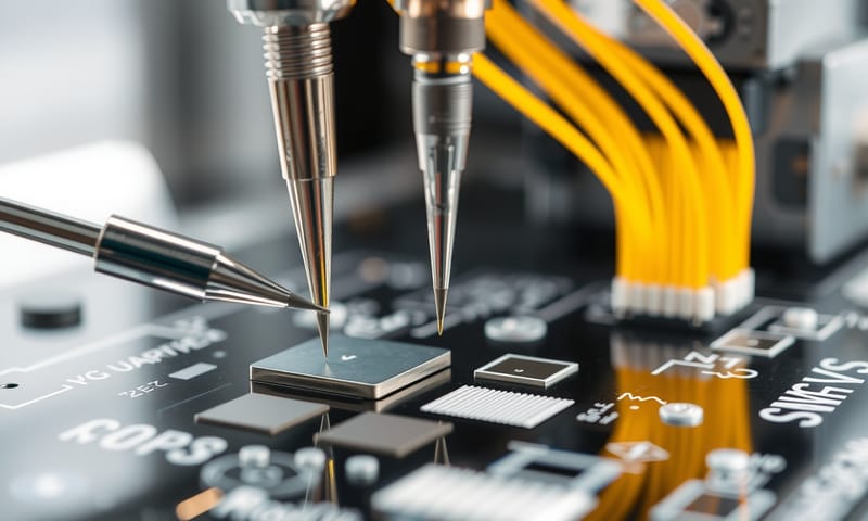 實測環境示意：探針卡與光纖陣列的協同作業