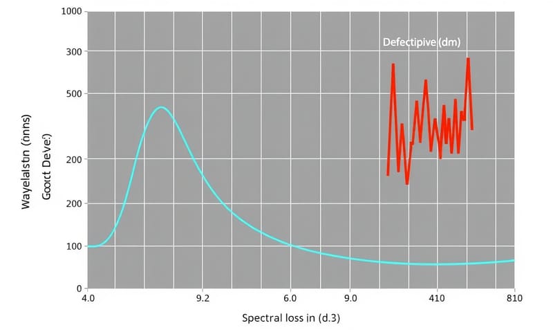 比較兩種不同 SiPh 元件的插入損耗（IL）對波長變化的測試結果圖。紅色曲線代表有瑕疵的元件，顯示出不穩定的高損耗。