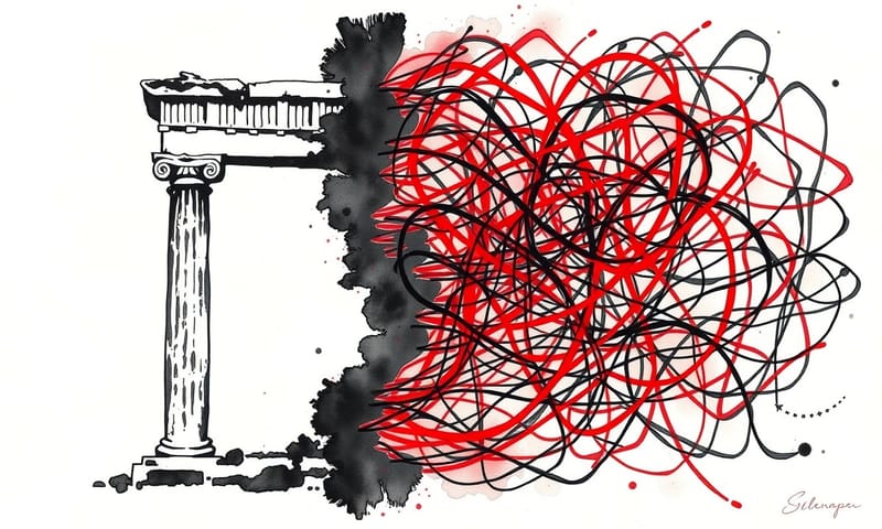 抽象的視覺比喻：象徵西方價值的梁柱，正被代表犯罪與間諜活動的黑紅墨線網絡所侵蝕。