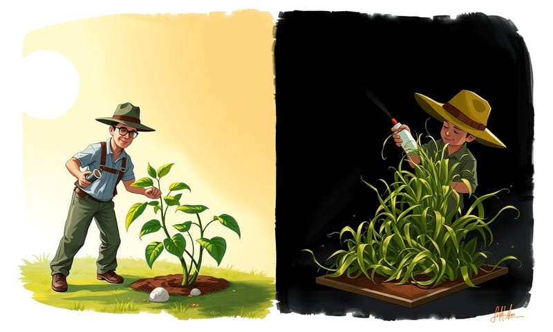 白帽 SEO（左）與黑帽 SEO（右）的園丁比喻