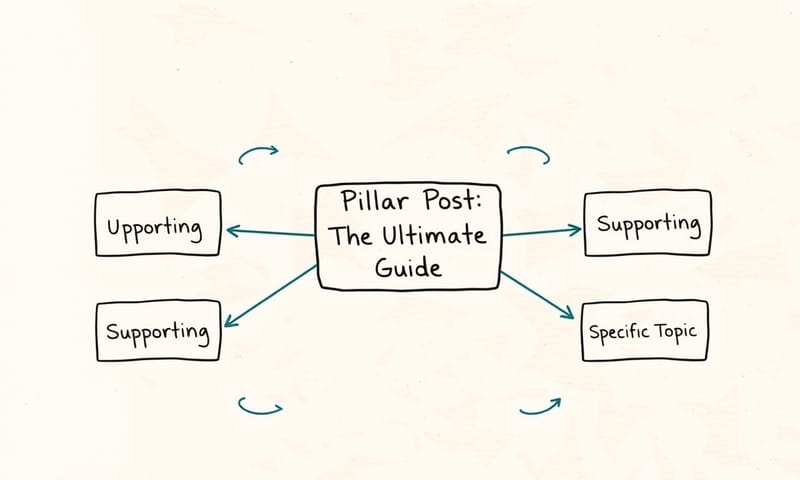 內容集群示意圖：用一篇核心文章串連多篇輔助文章，建立主題權威。