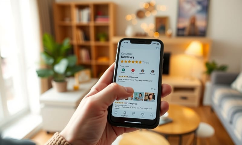 使用者在手機上瀏覽商品評價的真實情境
