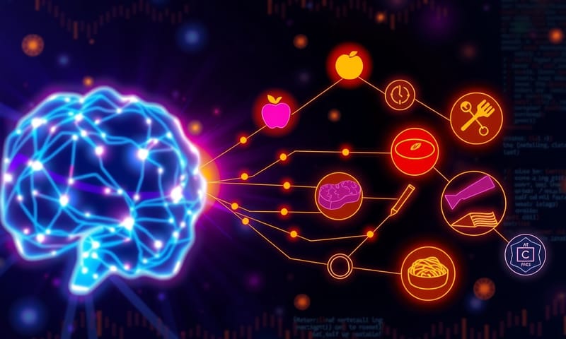 AI 模型的概念：像一個複雜的網絡，連結食物圖像與其對應的營養數據。