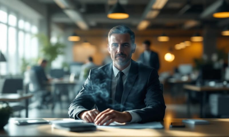 員工在辦公室逐漸變得透明，象徵著「職場隱形」的過程。