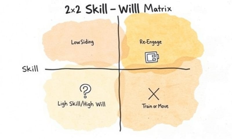 一個手繪風格的技能/意願四象限圖，幫助管理者快速診斷團隊成員狀態。