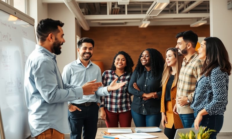 一個充滿活力的團隊正在白板前熱烈討論，氛圍開放且具協作性。