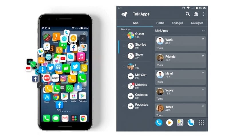 使用小程式前後對比：從雜亂的手機主畫面到整潔的 Telegram 介面。