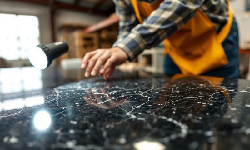 專業人士正在檢查石材大板，確認有無細微裂縫。