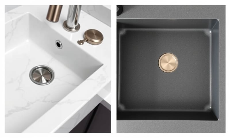不同石材水槽的質感對比：左為高雅的大理石，右為現代感的石英石。