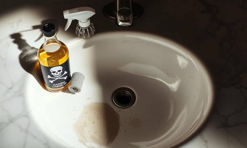 錯誤示範：強酸清潔劑與鋼刷會永久損害石材表面