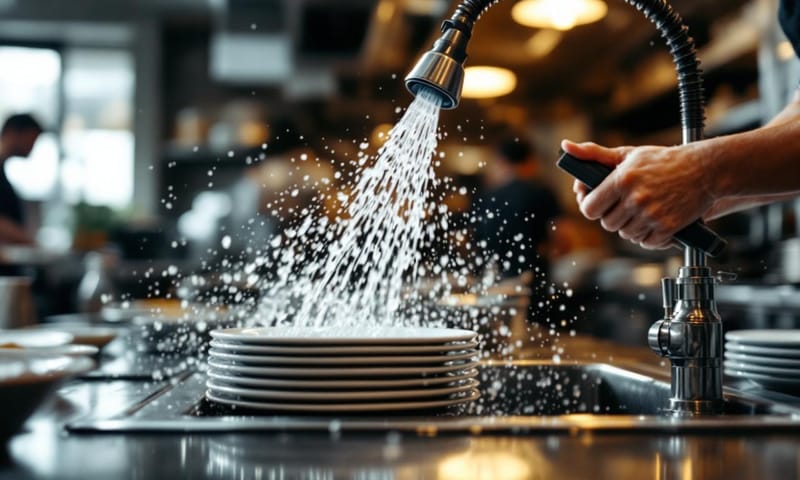 一個典型的專業廚房預洗工作站，重點在於高壓沖洗的動作。