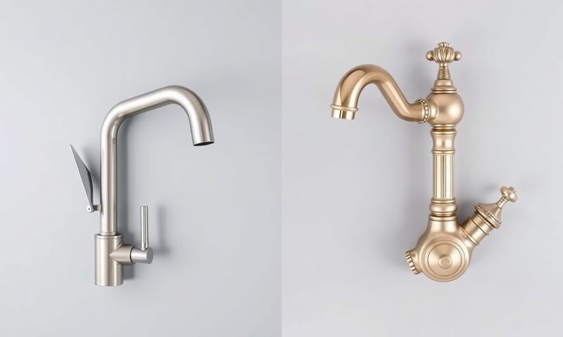 廚房設備的比較，一邊是專業級不鏽鋼龍頭，另一邊是家用設計款龍頭。