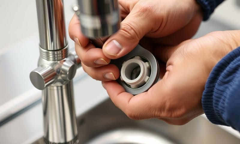技師正在更換專業廚房龍頭的內部閥芯，凸顯其可維修性。