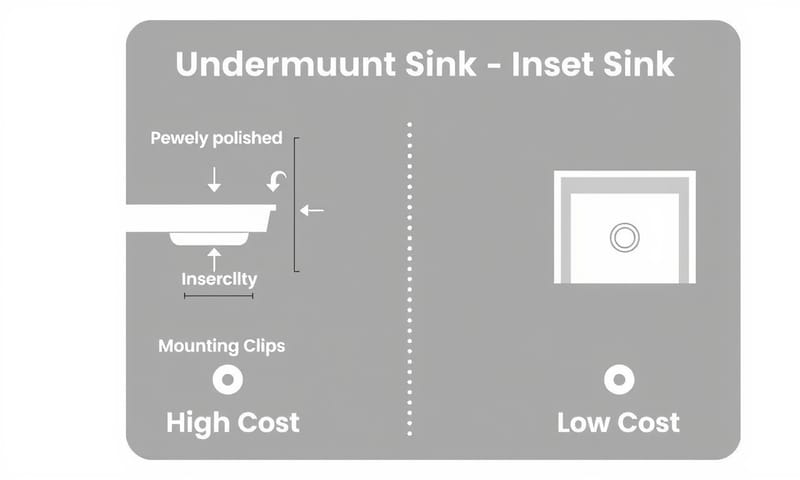 下嵌式（左）與上嵌式（右）的安裝成本差異。上嵌式施工較簡單，費用較低。