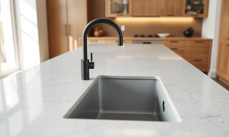 一個安裝完成的現代中島下嵌式水槽