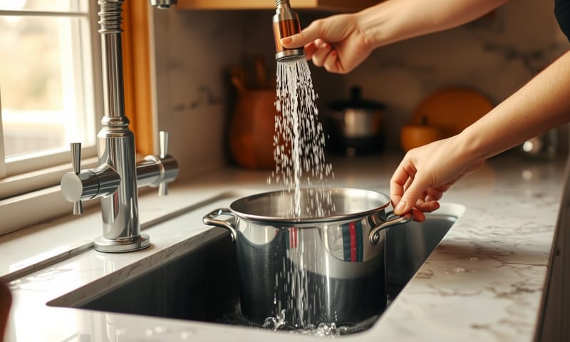 實際使用抽拉式龍頭清洗大型鍋具的情境